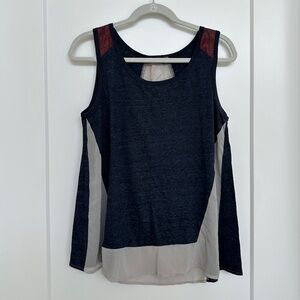 Navy Tank Top with Sheer Siding and Leather on Shoulder Straps